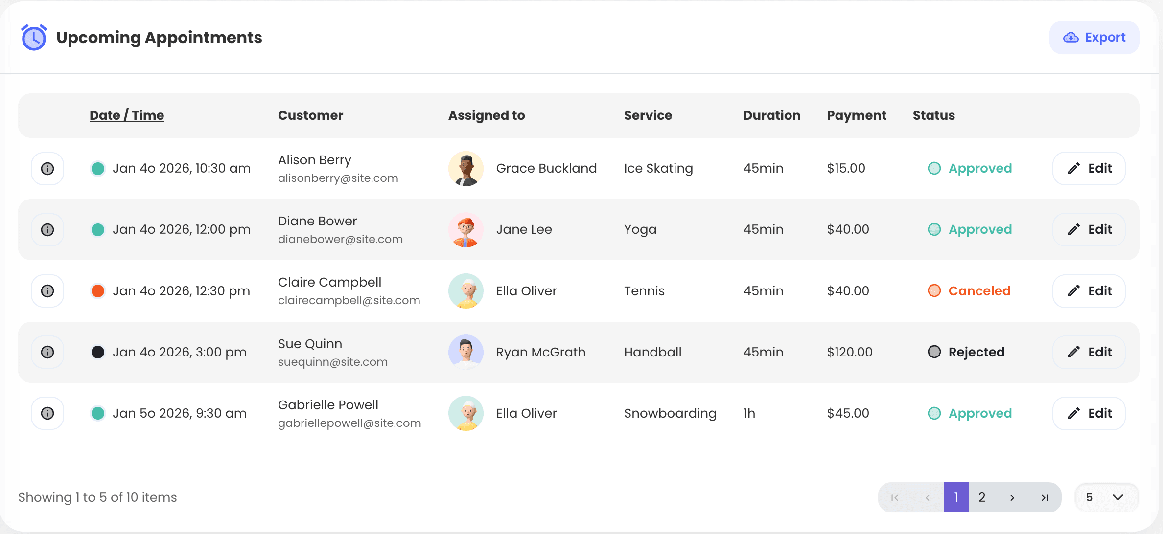 Appointments list with smart filtering showing student lessons and teacher assignments
